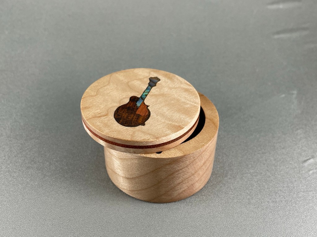 Qulited Maple Inlaid Burl Pick Box - Hill Country Stringworks